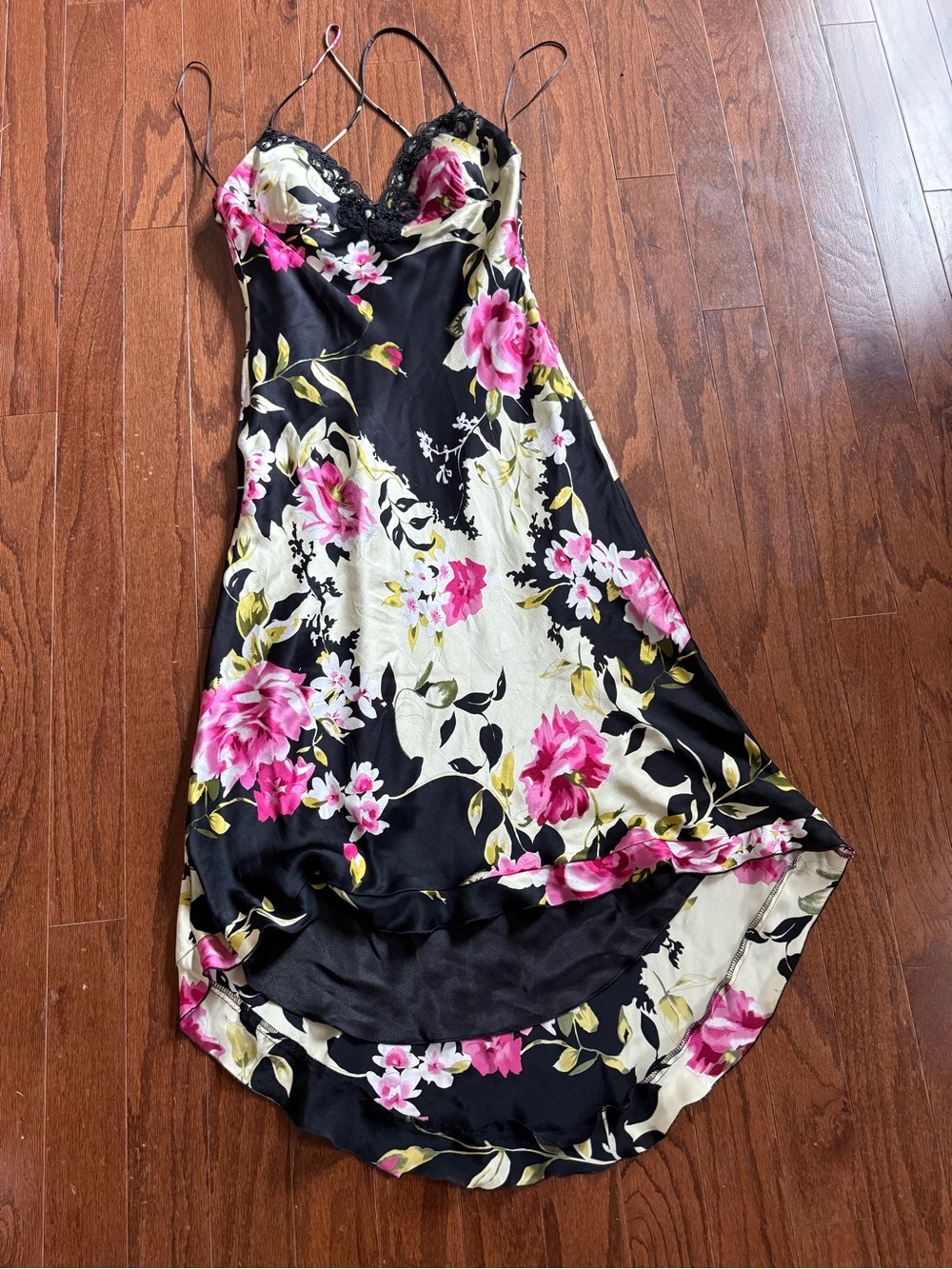 Mary L Couture Black Floral Slip Dress with Pink & Cream Accents 100% Silk - Picture 8 of 12